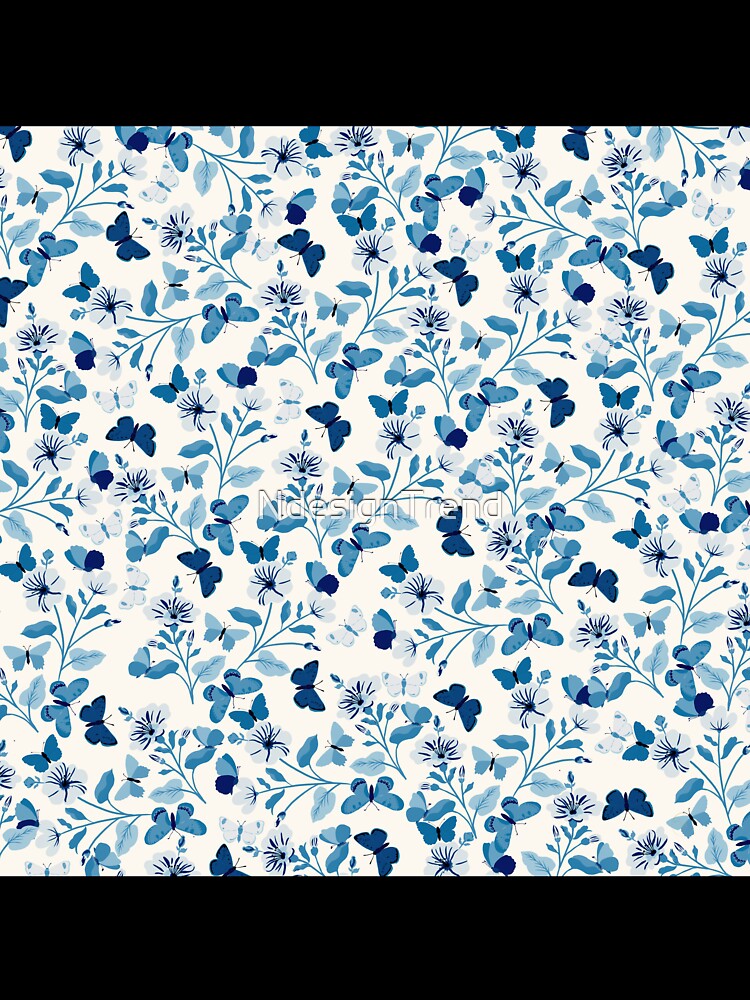 Botanical Blue Cream Flowers and Butterflies by NdesignTrend