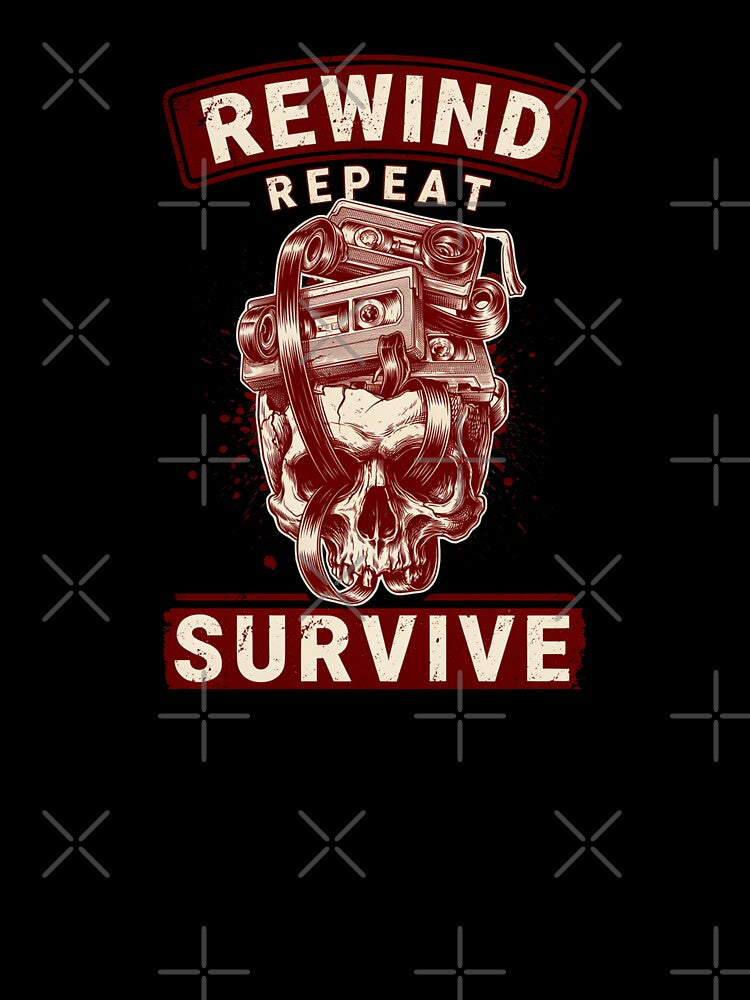 Rewind Repeat Survive, Retro VHS Horror Skull Vintage 80s by CryptReel