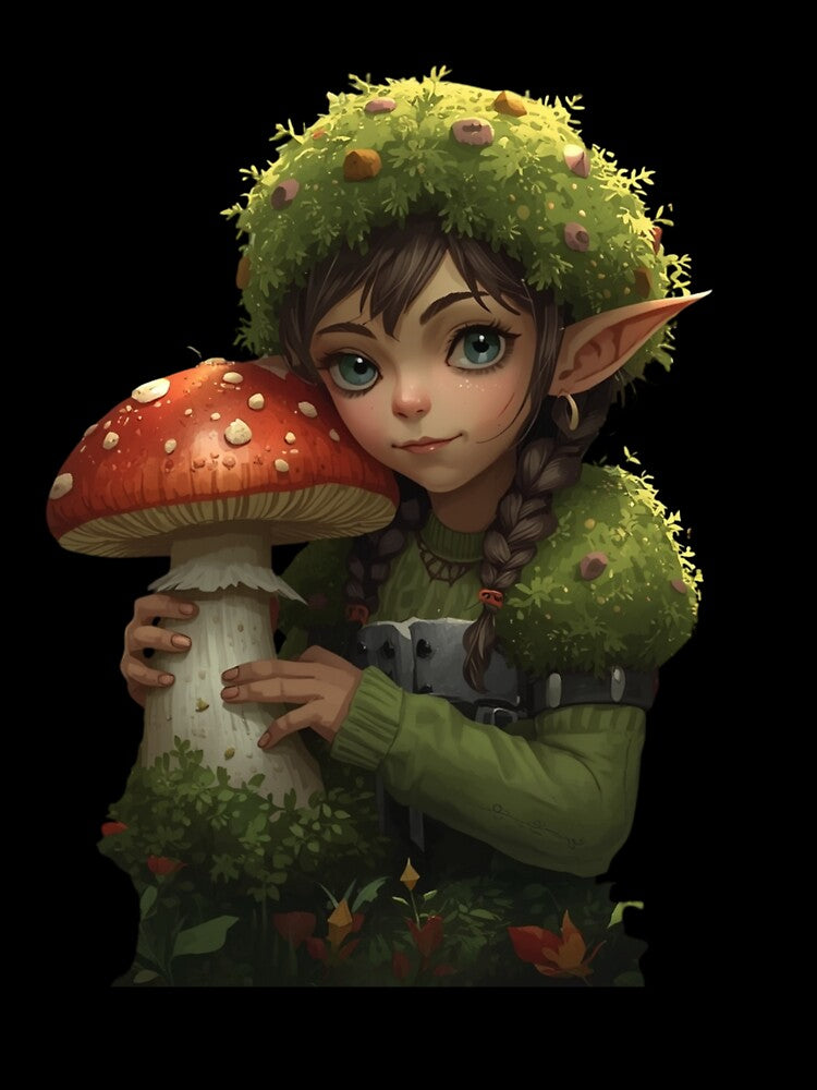 Forager Moss Girl Holding Giant Mushroom Goblincore T-Shirt & Sticker by Ashley critters