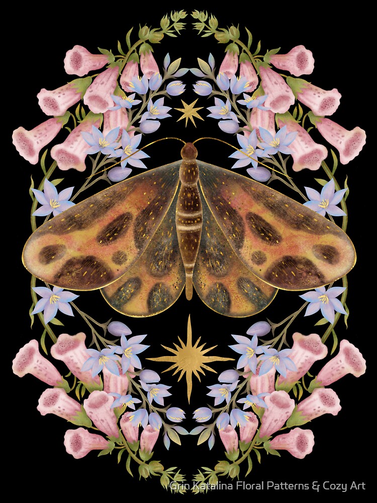 Botanical Moth Art With Pink Foxglove Flowers by Grin Katalina Floral Patterns & Cozy Art