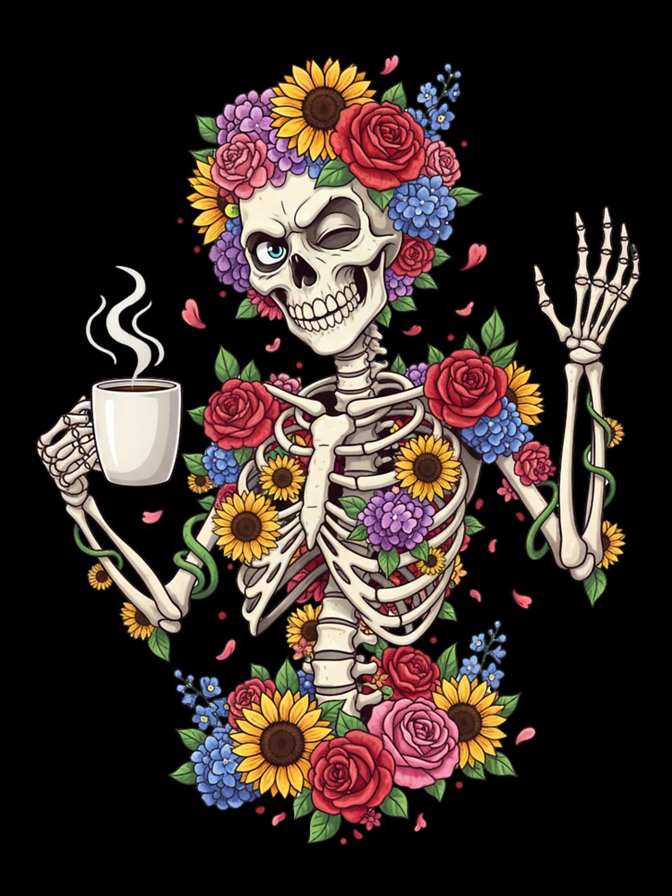Floral Coffee Skeleton Woman | Vibrant Gothic Chic Art by ColorSplash123