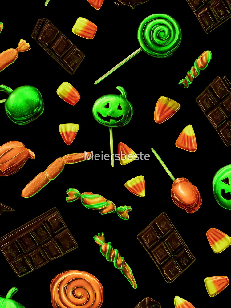 Glowing Halloween sweets – Playful candy pattern with pumpkins and lollipops by Meiersbeste