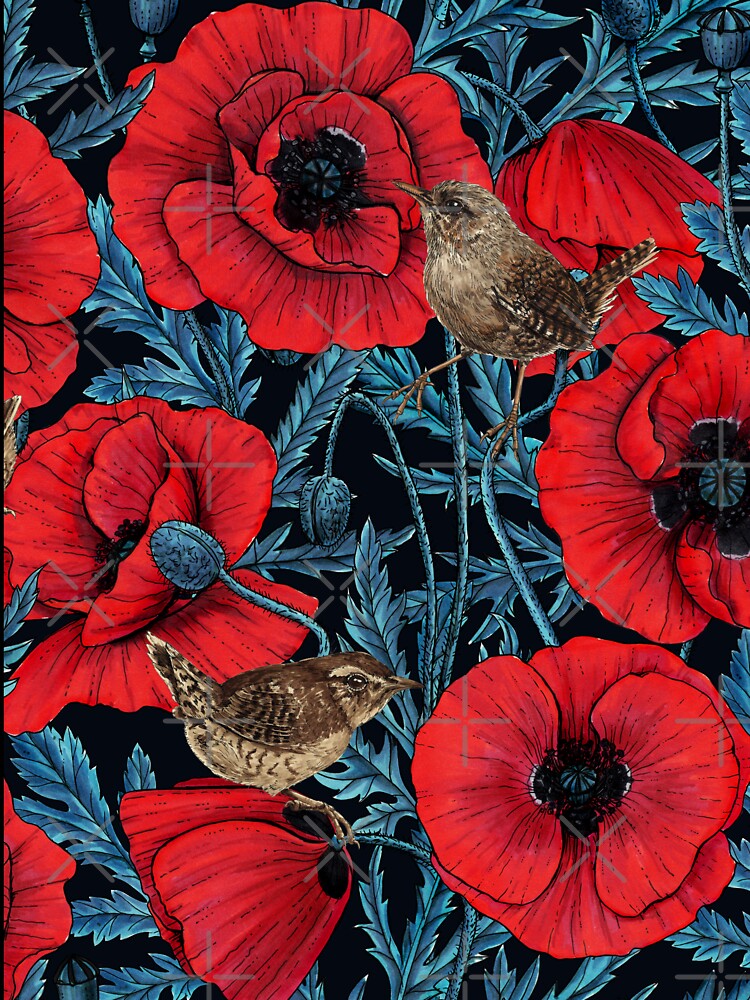 Red poppies and wrens, blue leaves on black by Katerina Mitkova Kirilova