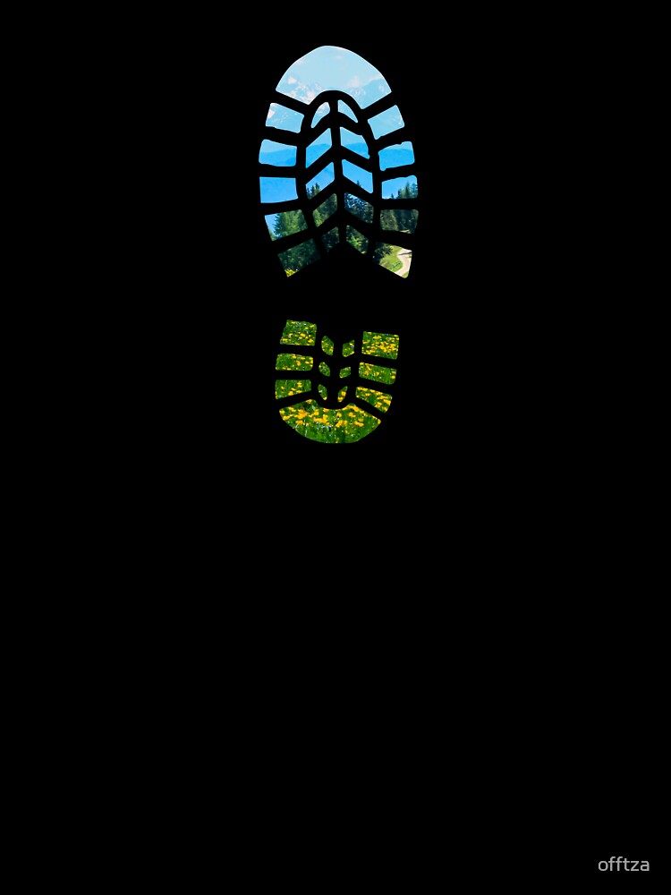 Hiking shoe print with mountain landscape by offtza