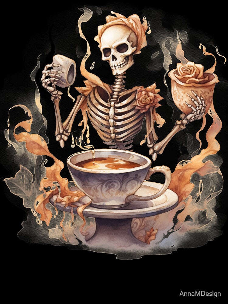 Halloween Skeleton Drinking Coffee Watercolor Style by AnnaMDesign