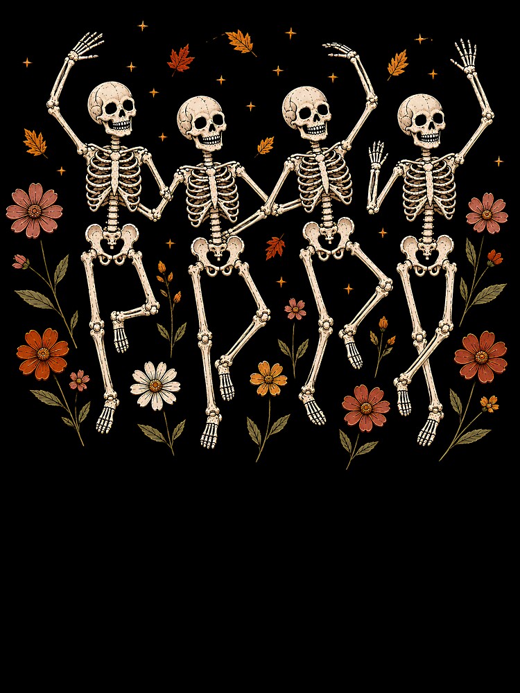 Skeleton Halloween PNG, Dancing Skeletons Autumn Flowers Clipart, Vintage Gothic Halloween Design by Artbyrome