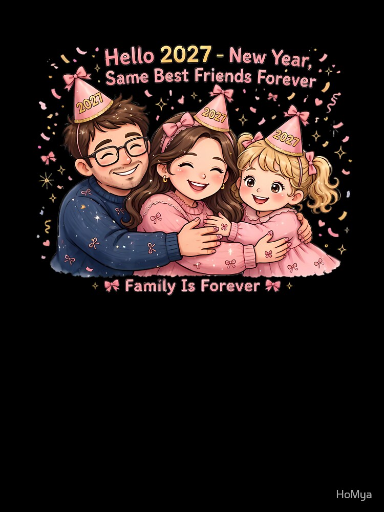 Hello 2027 - New Year Same Best Friends Forever Family Cartoon - Coquette Pink Bow Family by HoMya