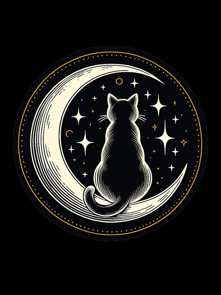 A black cat sitting on a crescent moon. by growing-mom