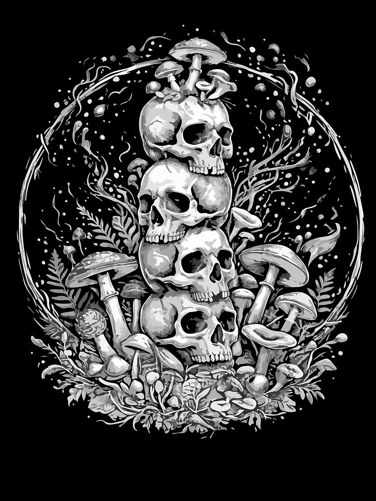 Stacked Skull Mushroom Gothic Botanical Vintage Dark Art Design by kiralynstration