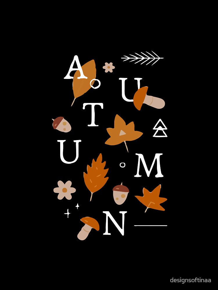 Autumn Word Art - Leaves & Mushrooms Seasonal Design (Black) by designsoftinaa