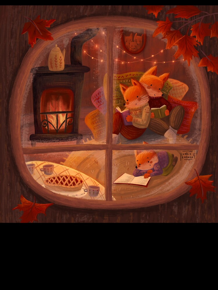 Cozy autumn design with a window of a cottage house where a family of foxes have a cozy evening by volhakaliaha
