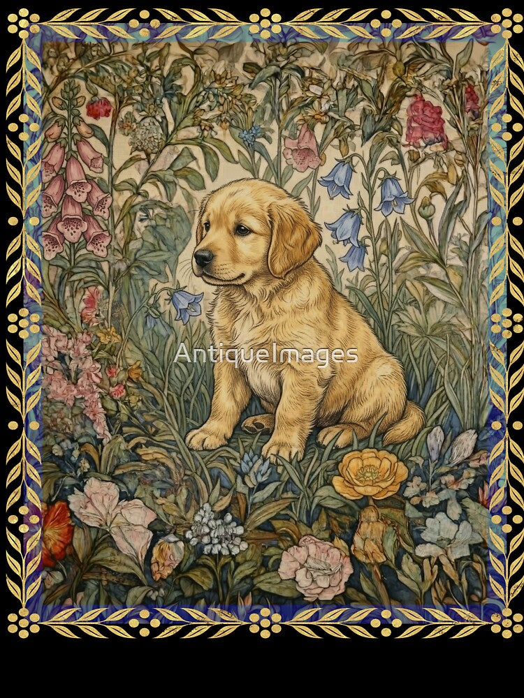 Sweet Golden Retriever Puppy Vintage Floral by AntiqueImages
