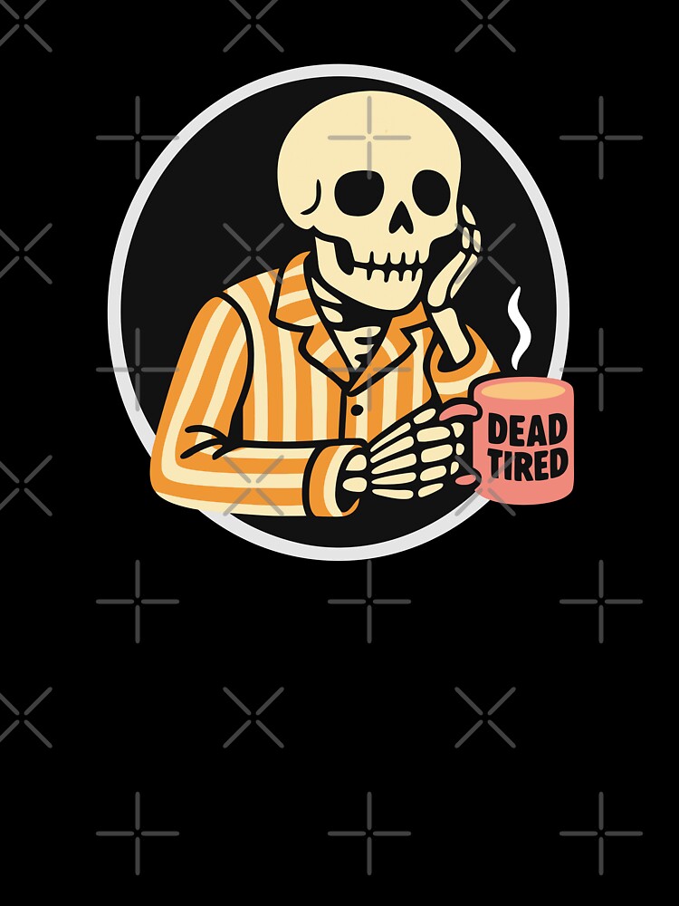 Morning Coffee Skeleton - Skull in Orange Striped Pajamas with Coffee Cup by charlypicazo