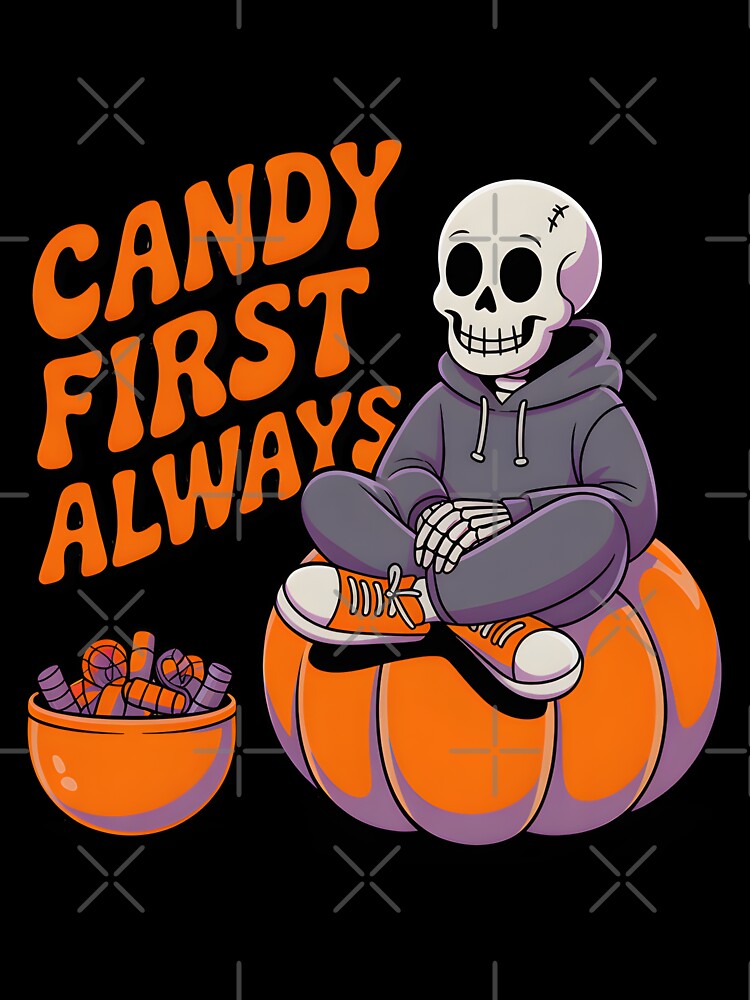 Candy First Always Skeleton Sitting on Pumpkin – Cute Halloween Candy Lover Design by Raw Tigers