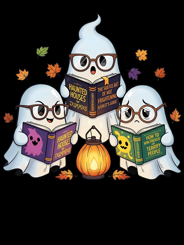 Cute Ghosts Reading Books Cozy Spooky Halloween Art by AnnDesignStudio
