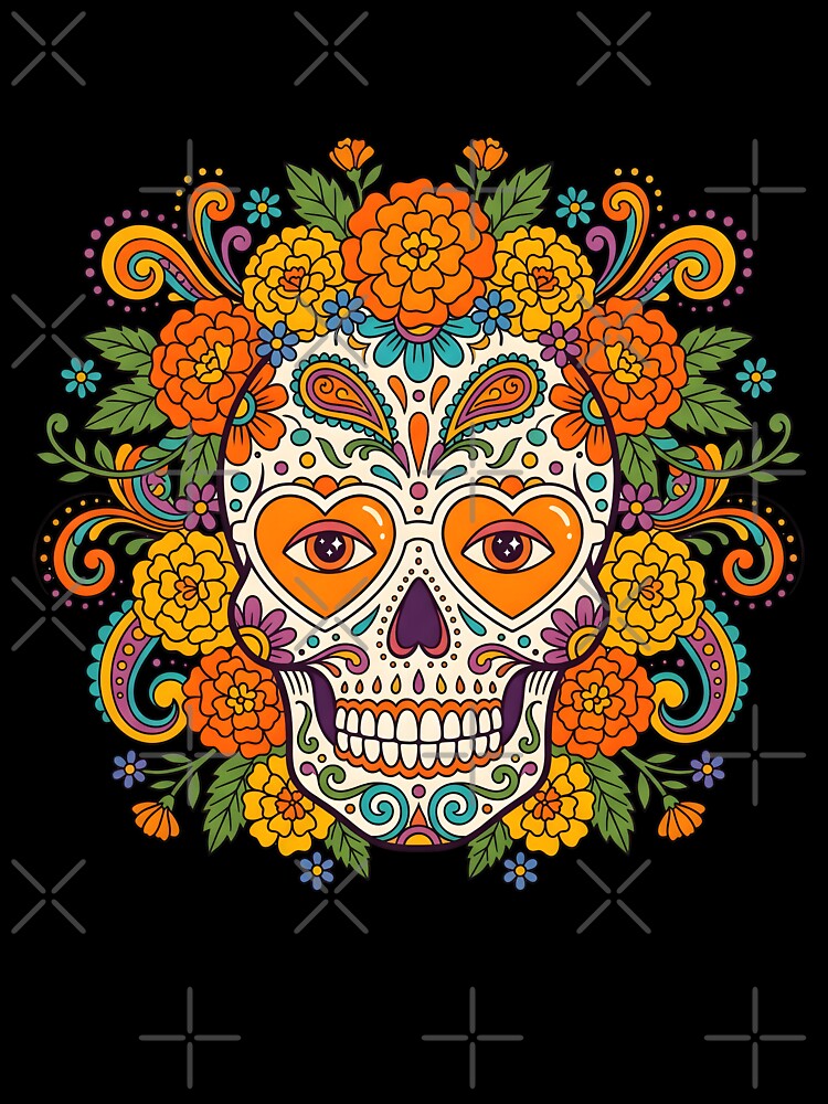 Floral Sugar Skull with Heart Eyes - Dia de los Muertos Calavera Art by BobaBunny76