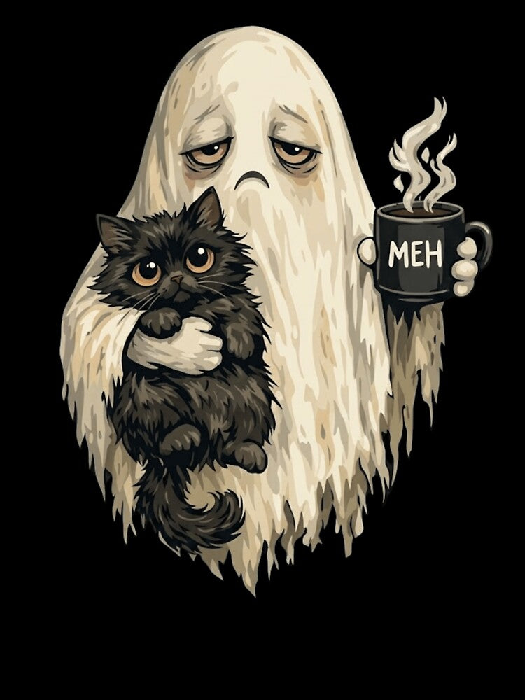 Tired Ghost With Black Cat Coffee Meh Funny Introvert Halloween by haitrieuic96
