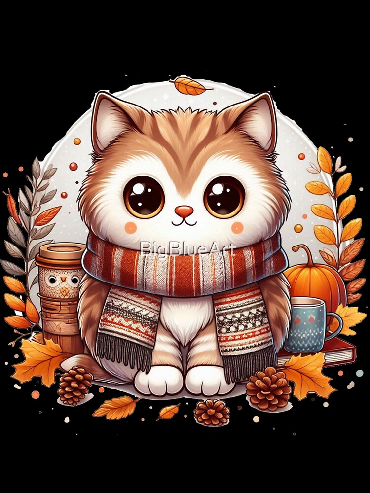 Kawaii Autumn Cat Cozy Fall Illustration by BigBlueArt