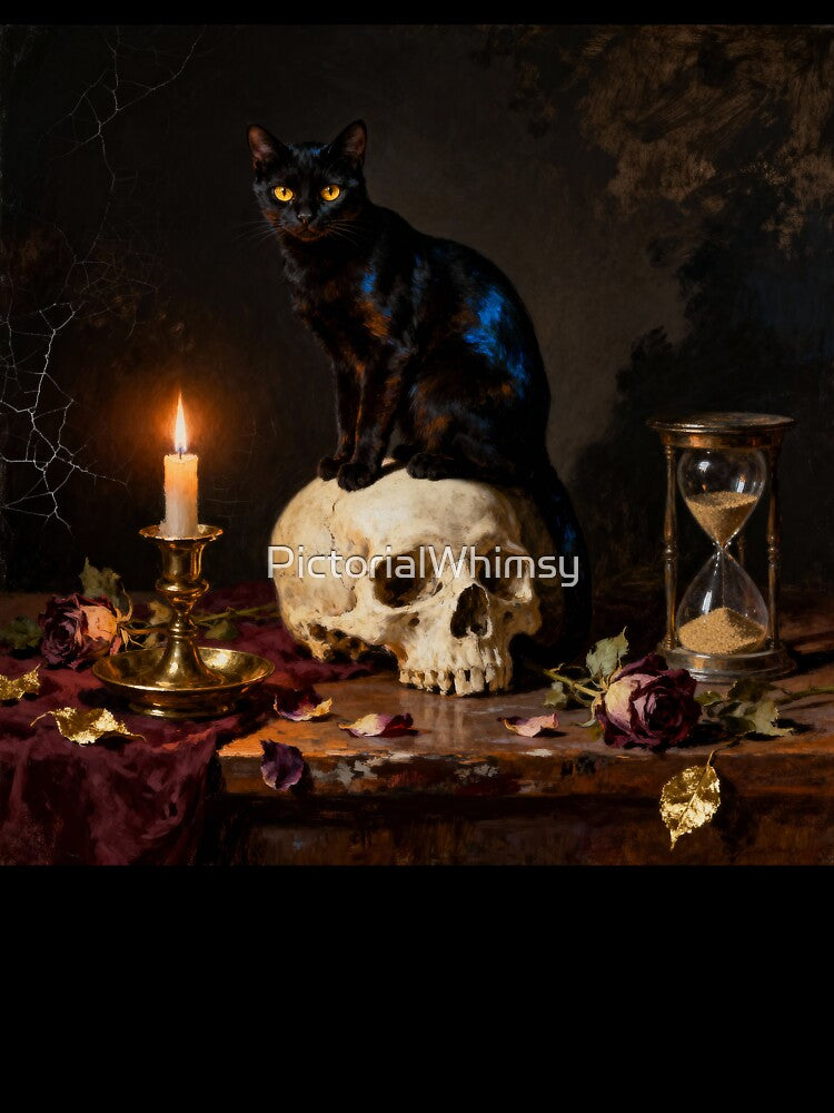 Black Cat Skull Vanitas - Dark Gothic Oil Art by PictorialWhimsy