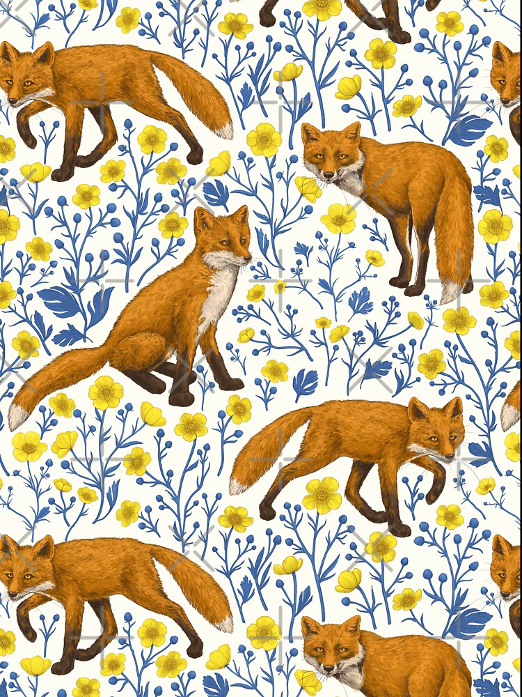 Foxes and buttercups on natural white by Katerina Mitkova Kirilova