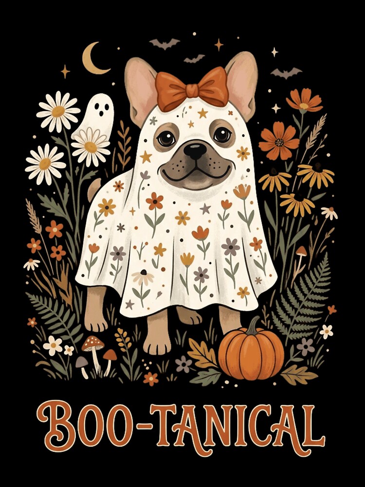 Boo-tanical Ghost French Bulldog - Cute Floral Halloween Dog Art by WillCraftx