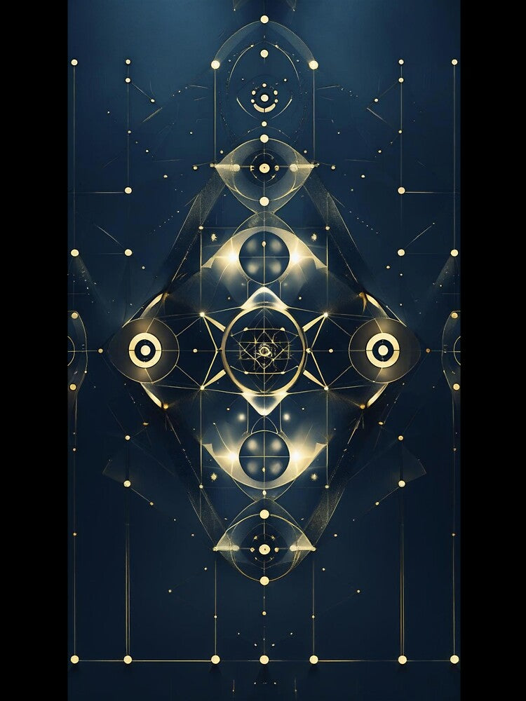 Universal Balance Sacred Geometry Symmetry Design – 6th Design of Sacred Series in Gold on Navy by ArtivaNest