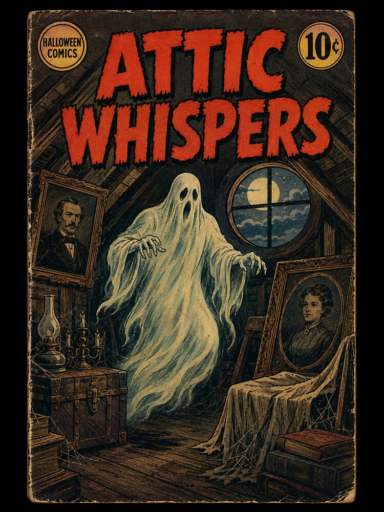 Vintage Halloween Cover Art: Ghost Haunted Attic Mystery by bapupa