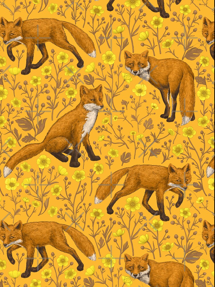 Foxes and buttercups on orange by Katerina Mitkova Kirilova
