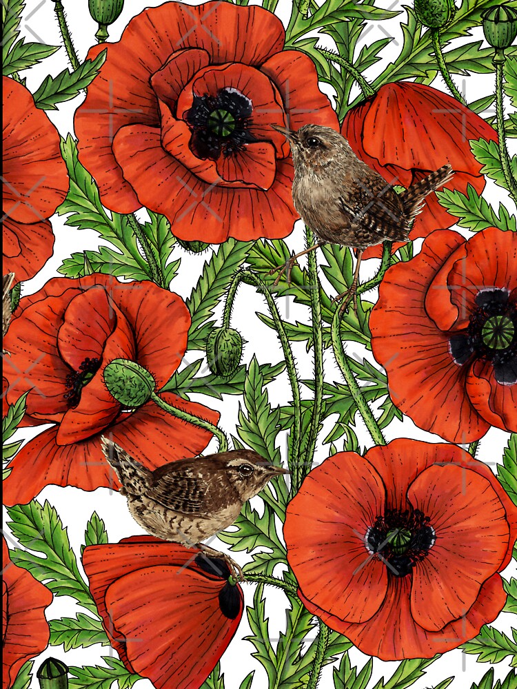 Red poppies and wrens, green leaves on white by Katerina Mitkova Kirilova