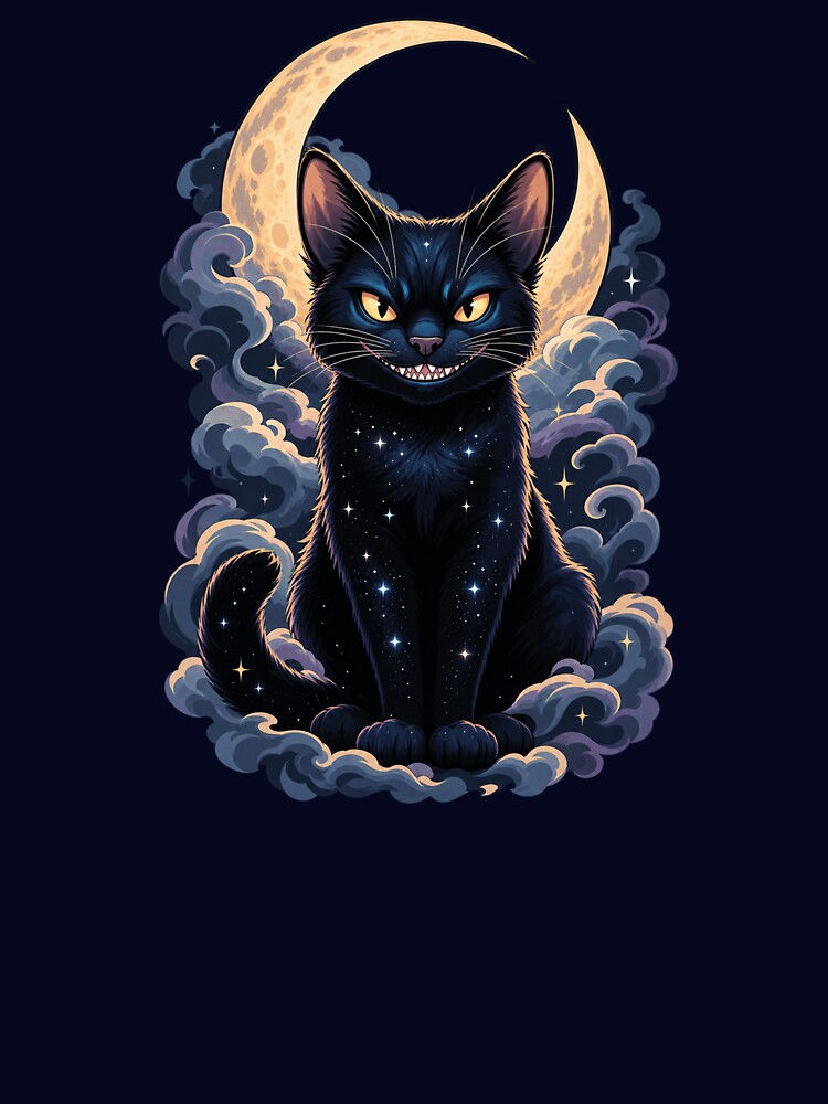 Mystical Black Cat with Crescent Moon – Soft Halloween Cat Print by SilentPowerArt