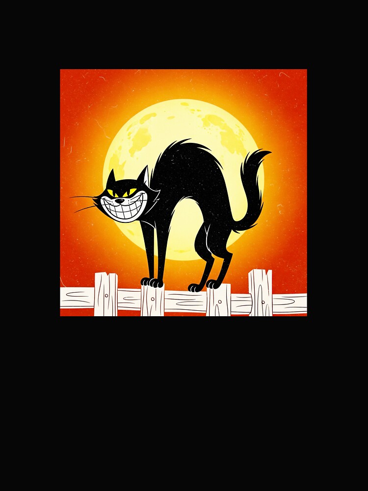 Vintage Black Cat Halloween Design | Retro Cartoon Cat PNG with Full Moon by j-2k