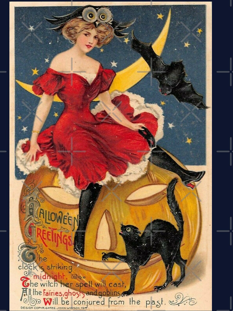 Victorian Lady sitting Jack o Lantern with an Owl, Bat and Cat Halloween Card by Bellathewilde