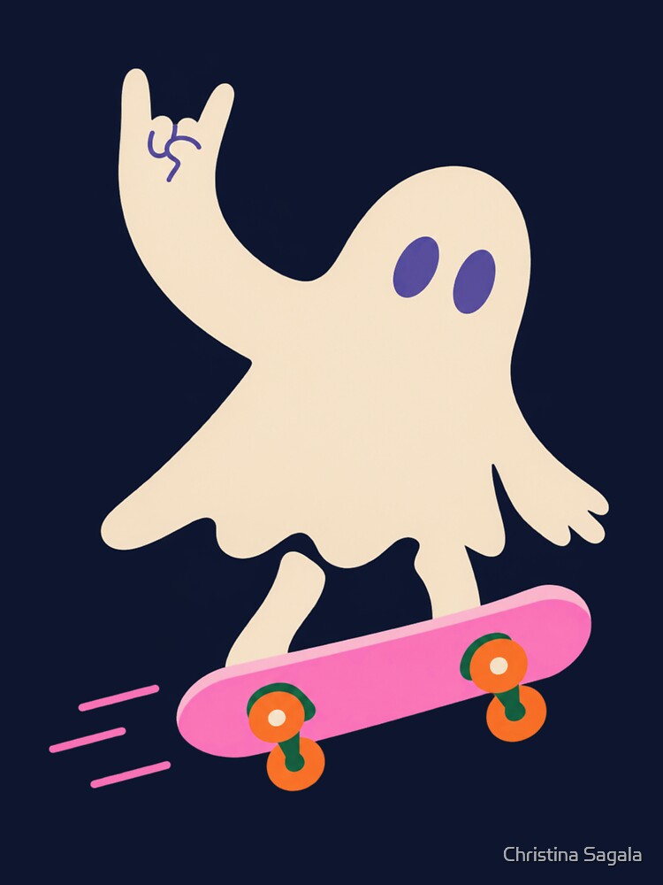 Cute Skateboarding Ghost Halloween Punk Art by Christina Sagala