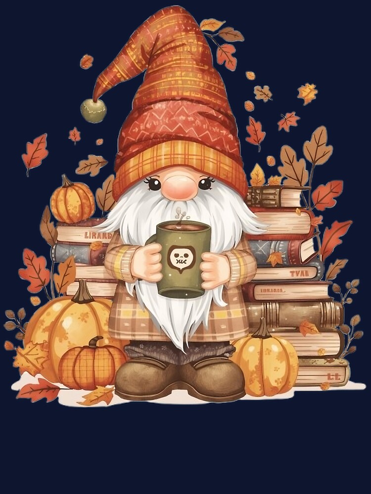 Fall Coffee Gnome with Books and Pumpkins – Cozy Autumn Librarian Art by sitthan