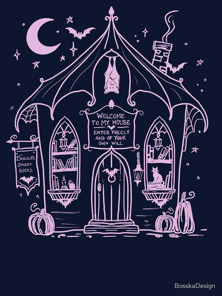 Dracula book shop Halloween art by BosskaDesign