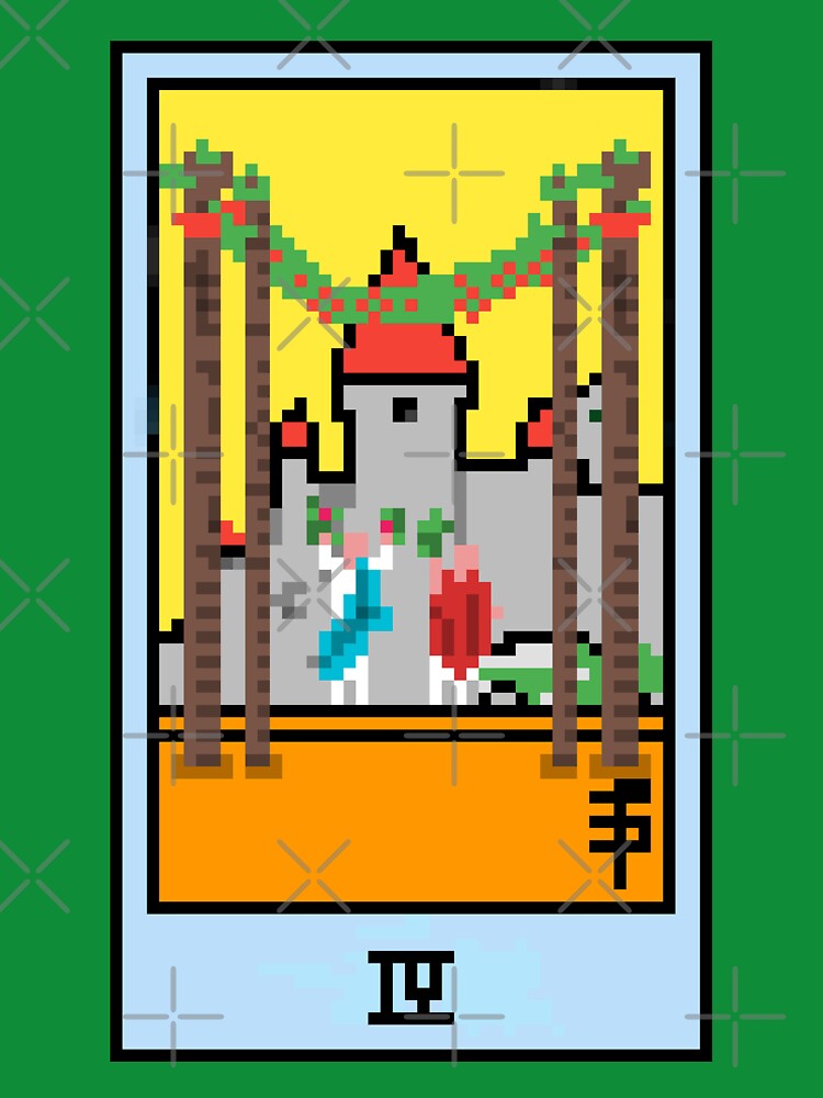 Wait, is this pixel art tarot? Green - Minor Arcana 'Four of Wands' (Design for T-shirt, stickers and other accessories) by Pixel Waite