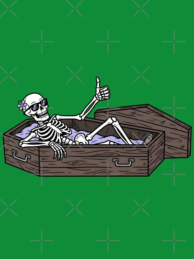 Relaxed Skeleton in Coffin Funny T-Shirt, Cool Skeleton Resting with Sunglasses, Dark Humor Chill Design by Raw Tigers