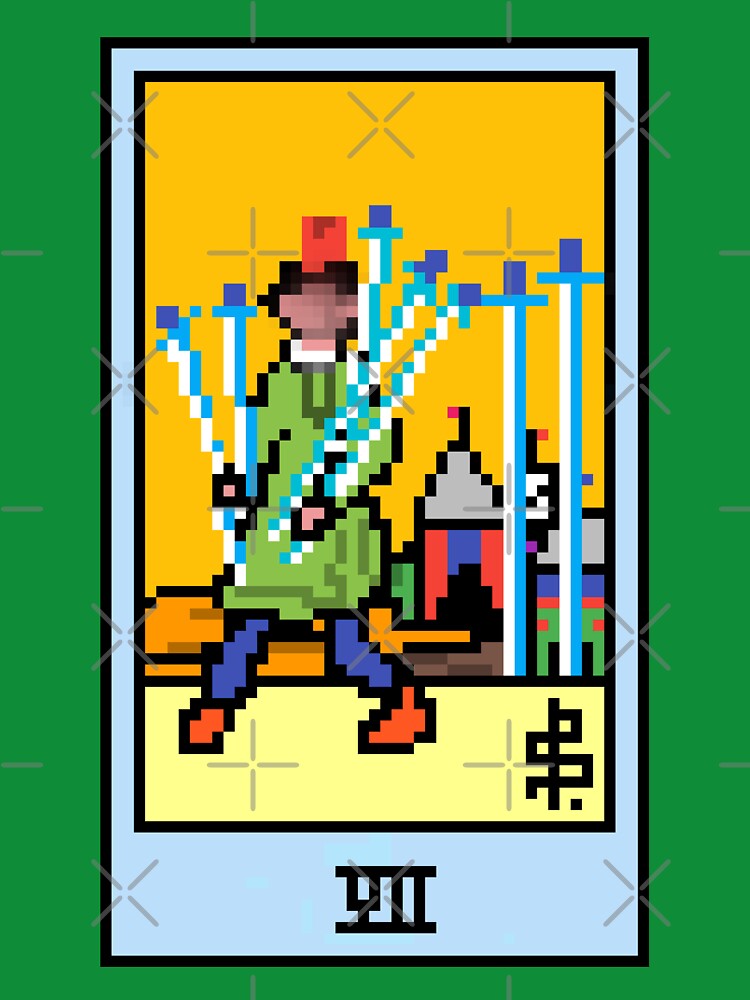 Wait, is this pixel art tarot? Green - Minor Arcana 'Seven of Swords' (Design for T-shirt, stickers and other accessories) by Pixel Waite