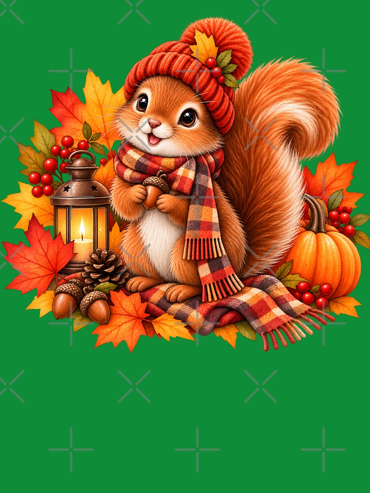 Cozy Autumn Squirrel with Pumpkin, Lantern & Fall Leaves by blankTeeShirt