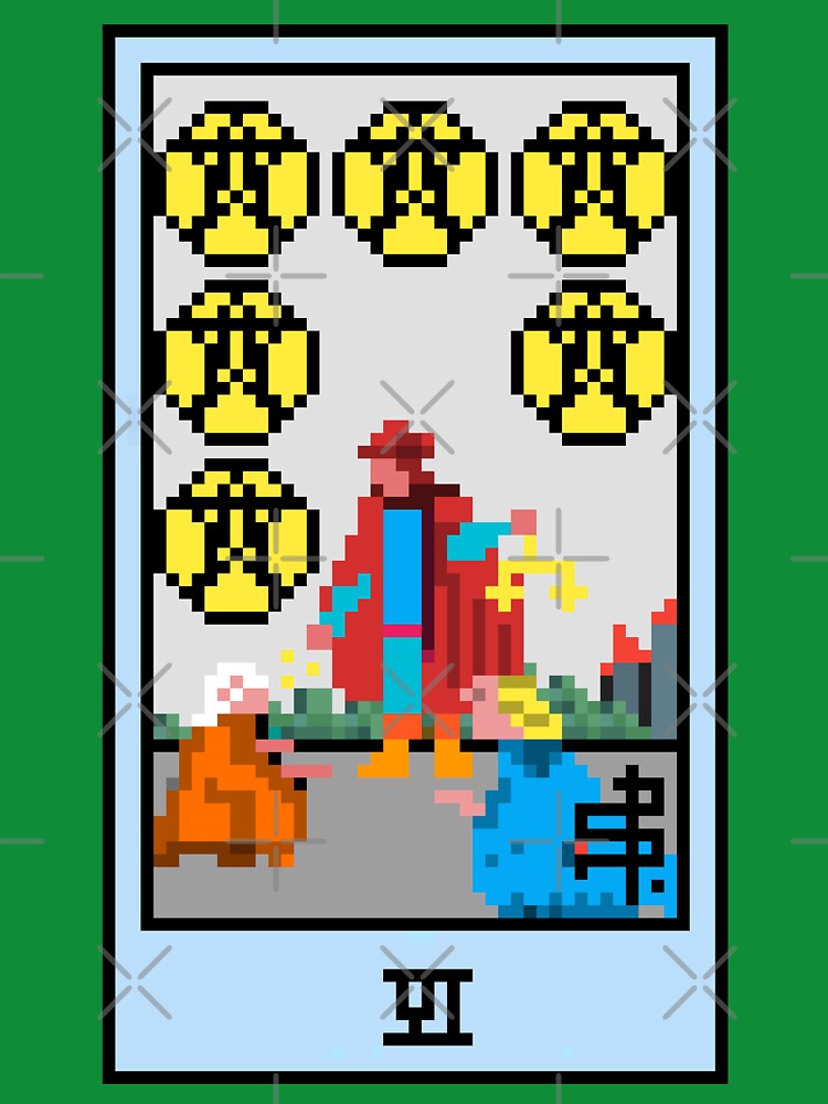 Wait, is this pixel art tarot? Green - Minor Arcana 'Six of Pentacles' (Design for T-shirt, stickers and other accessories) by Pixel Waite