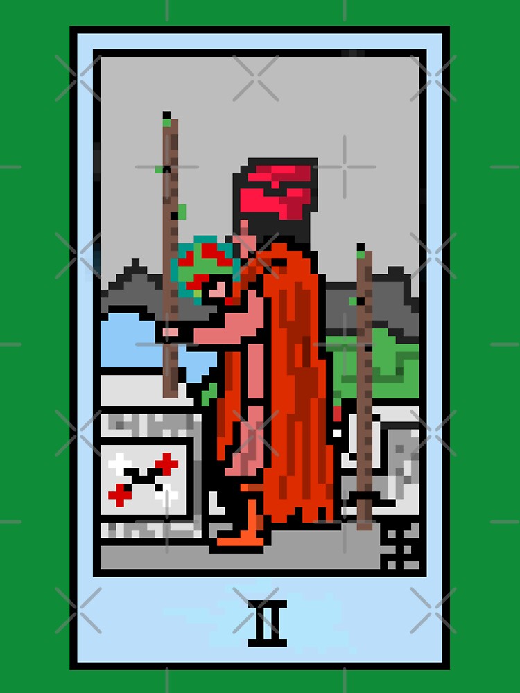 Wait, is this pixel art tarot? Green - Minor Arcana 'Two  of Wands' (Design for T-shirt, stickers and other accessories) by Pixel Waite