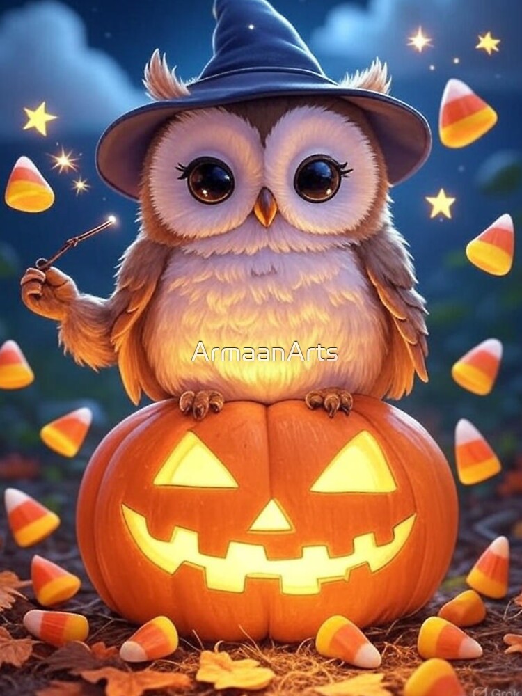 Magical Owl on Pumpkin | Cute Kawaii Halloween Night T-Shirt by ArmaanArts