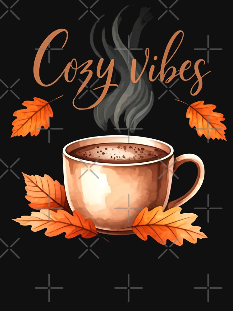 Cozy Vibes Fall T-Shirt | Autumn Coffee Graphic Tee | Cute Autumn Leaves Shirt | Cozy Fall Outfit | Warm Seasonal Apparel by zofron