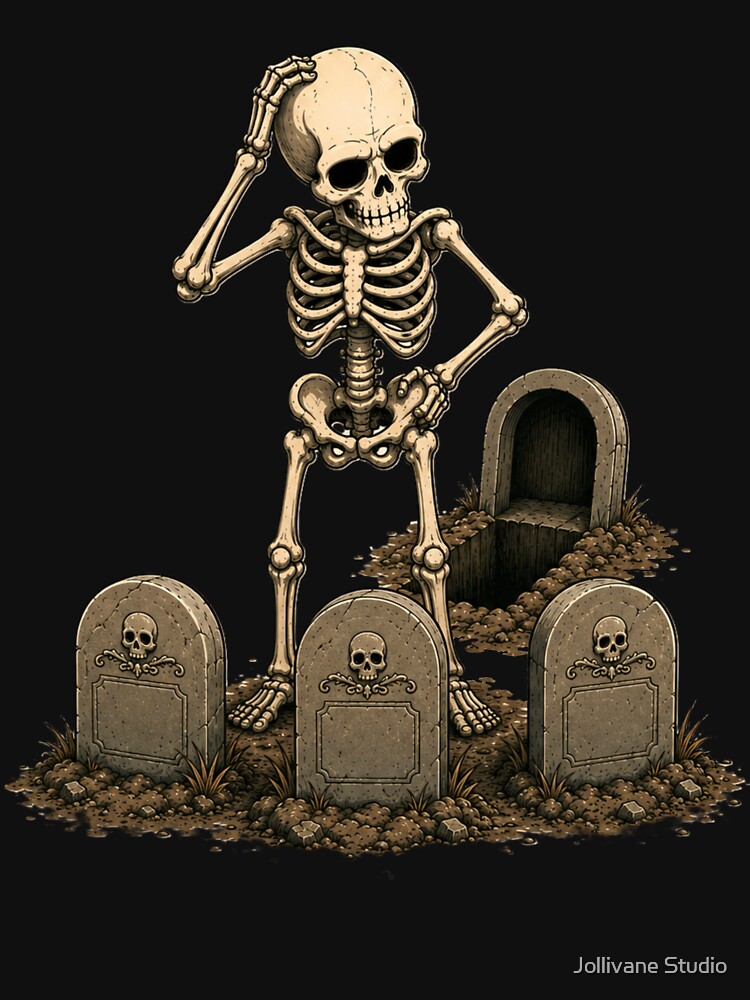 Funny Halloween Skeleton Lost His Grave – Spooky Cartoon Cemetery by Jollivane Studio