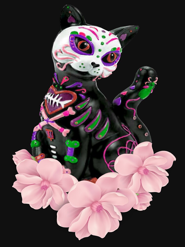 Day Of The Dead Sugar Skull Cat Pink Flowers by Atteestude