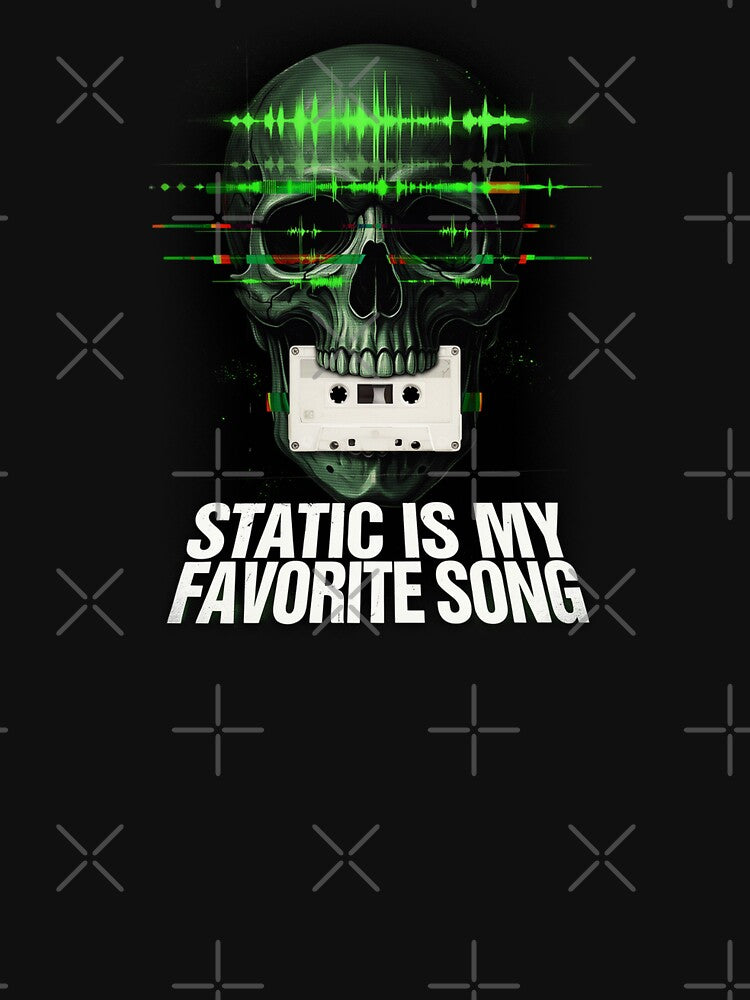 Static Is My Favorite Song, Retro Horror Skull Glitch VHS Neon by CryptReel