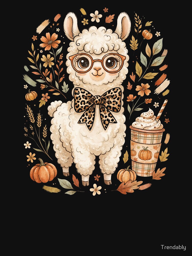 Fall Llama T-Shirt, Pumpkin Spice Gift, Cute Alpaca Graphic Tee, Autumn Coffee Leopard Bow Shirt by Trendably