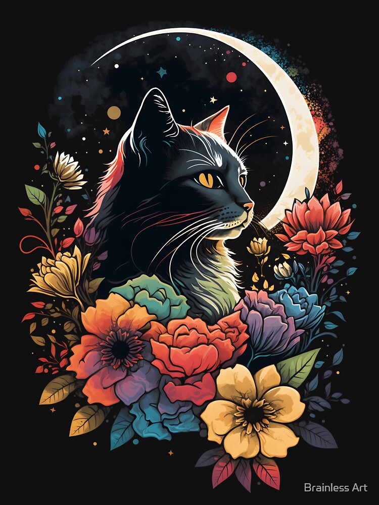 Cat in flowers under the moon by Brainless Art