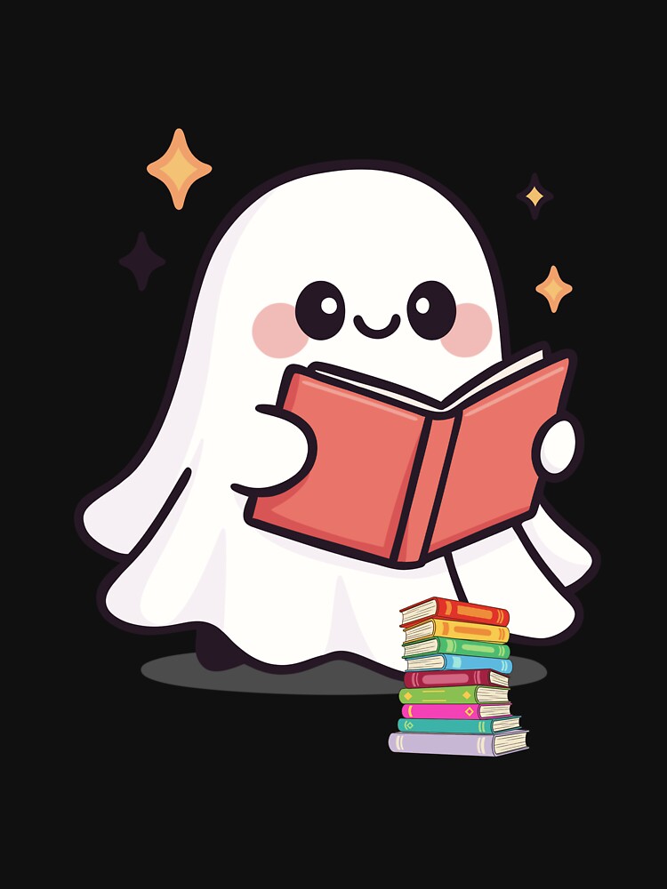 Cute Ghost Reading Book Kawaii Halloween Design by     Sela Art