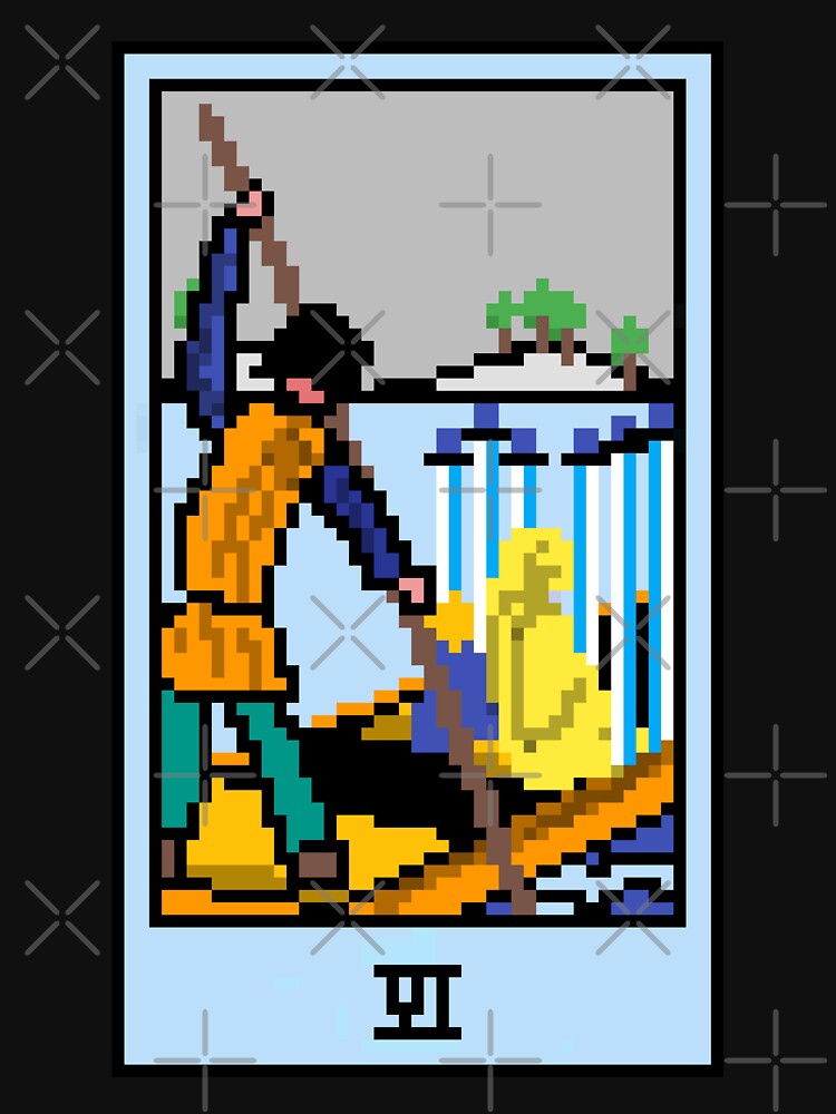 Wait, is this pixel art tarot? Black - Minor Arcana 'Six of Swords' (Design for T-shirt, stickers and other accessories) by Pixel Waite